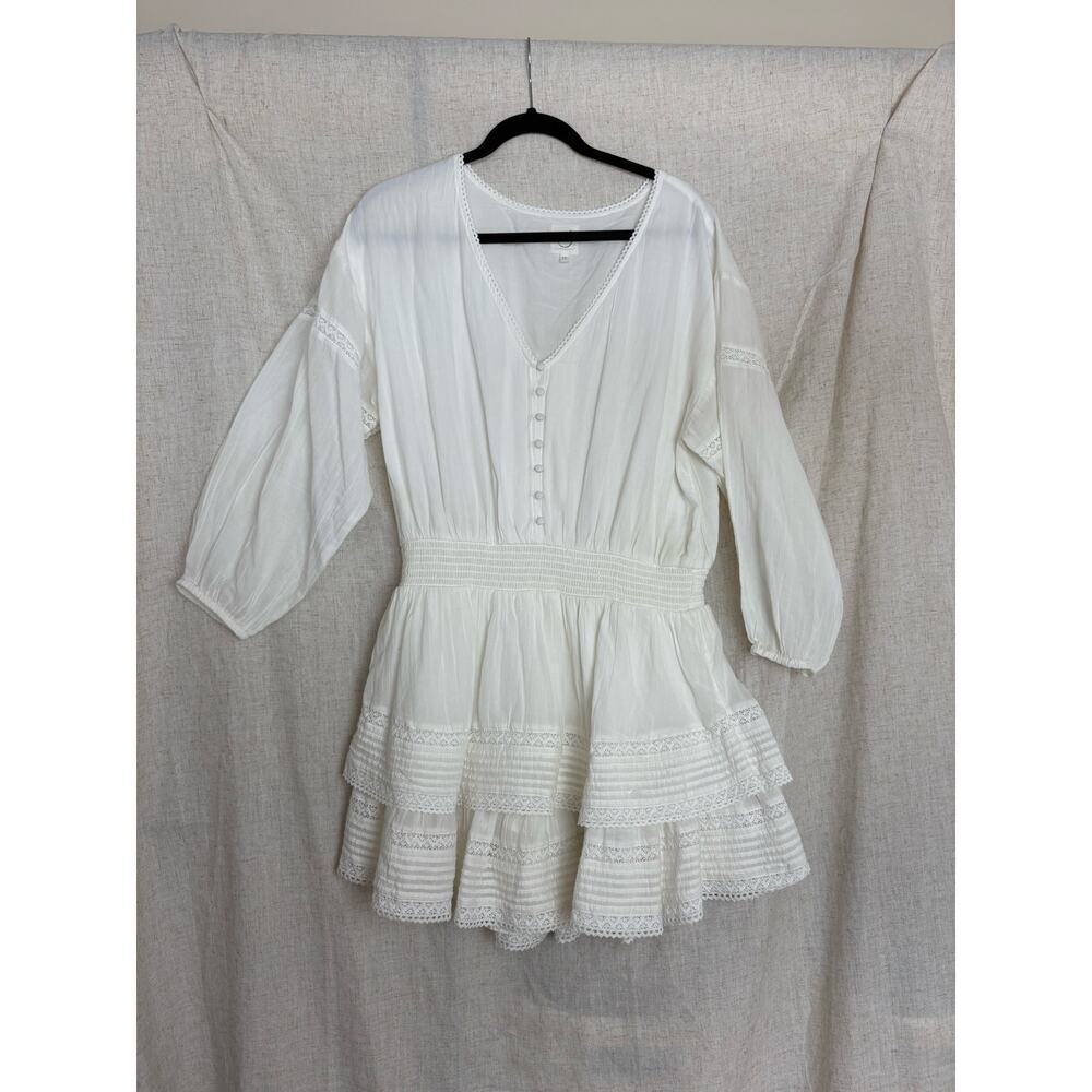 Aerie White Rock n Ruffle Mini Dress Tiered Lace Embroidered Long Sleeve Size L - Picture 2 of 8
